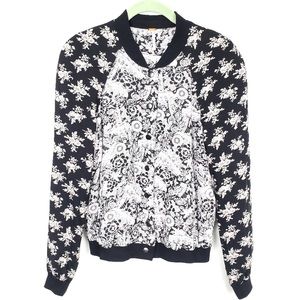FREE PEOPLE Floral-Patterned Bomber Jacket,  Black & White, Small EUC